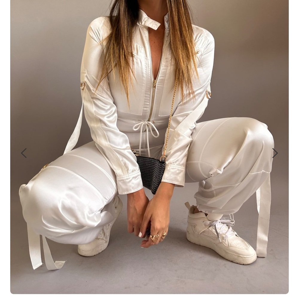 AKIRA White Satin Zip-Front Jumpsuit with Drawstring Waist